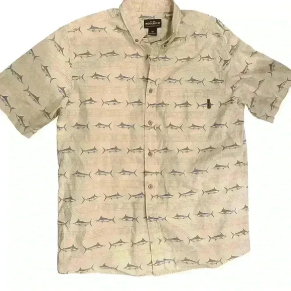 Woolrich Men’s Short Sleeve Swordfish Print Button Down Size L Pale Yellow - Picture 1 of 9